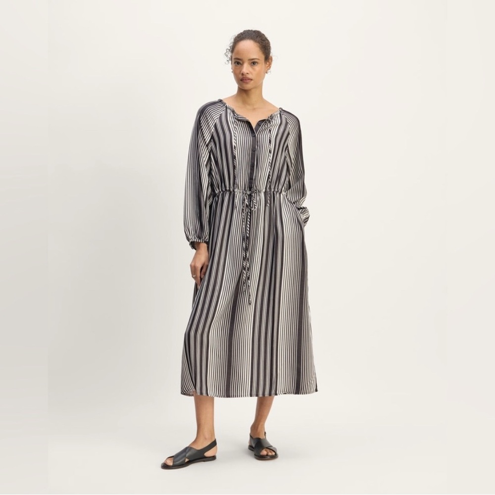 Everlane The Tencel Gathered Maxi Dress Black White Striped